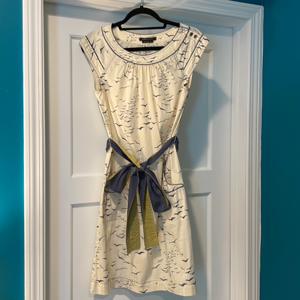 Vintage BCBG BLUE CREAM BIRD PRINT BELTED DRESS SIZE SMALL Kimono style belt